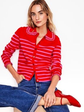 Boden Red Jessie Frill Collared Cardigan pink